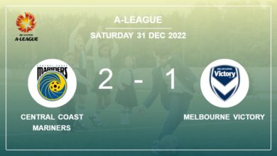 Central Coast Mariners prevails over Melbourne Victory 2-1 with J. Cummings scoring a double